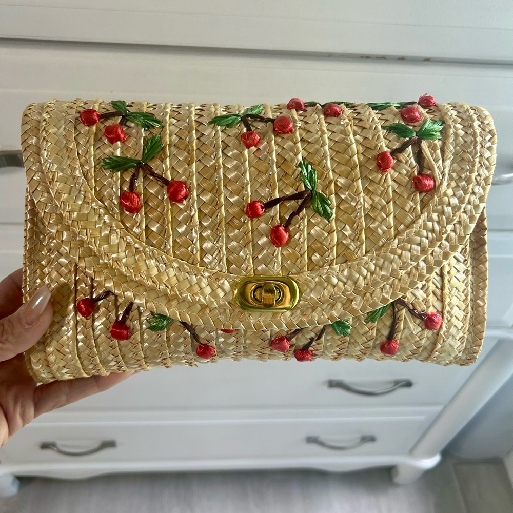 Straw/Rattan Cherry Embroidered Crossbody Bag and Clutch